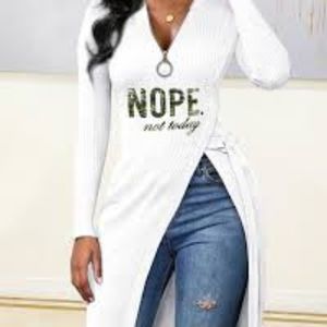 ChicMe V Neck Zipper Dress High Hip Split w/Buckle Strap Stretch White Size M